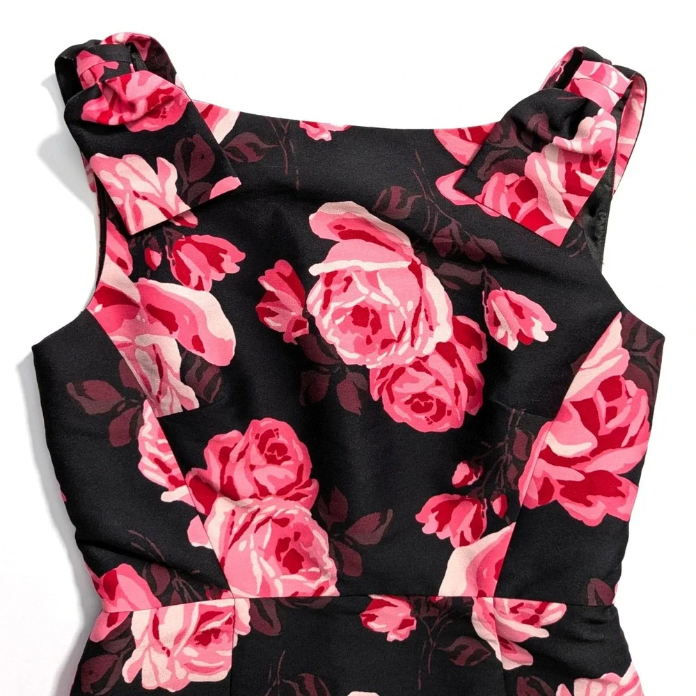 Kate Spade New York Rosa A-Line Rose Print Bow Shoulder Dress Black Pink Size 2‎